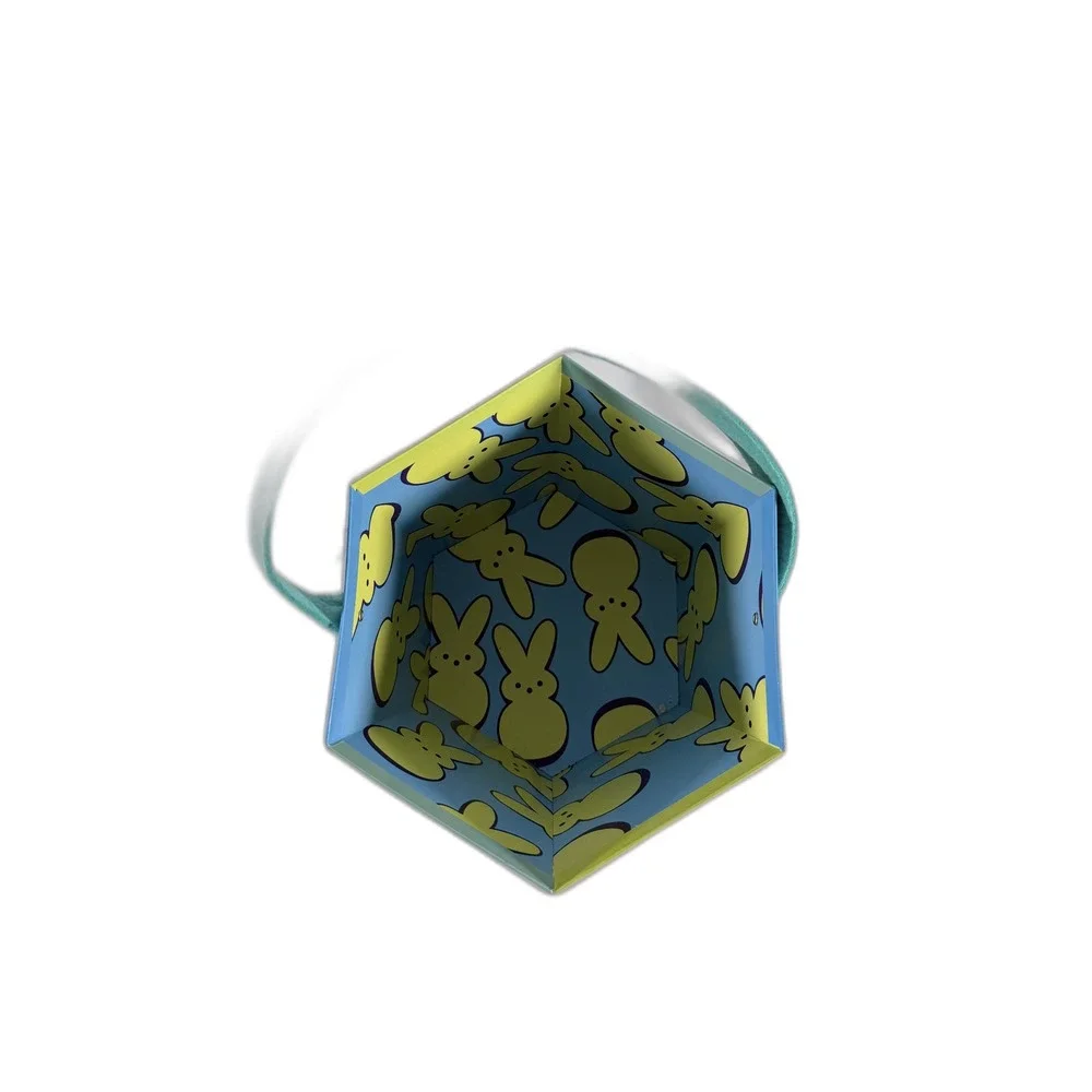 Peeps Easter Basket Hexagon Cardboard Treat Pail Teal Felt Handle Bunny Chick